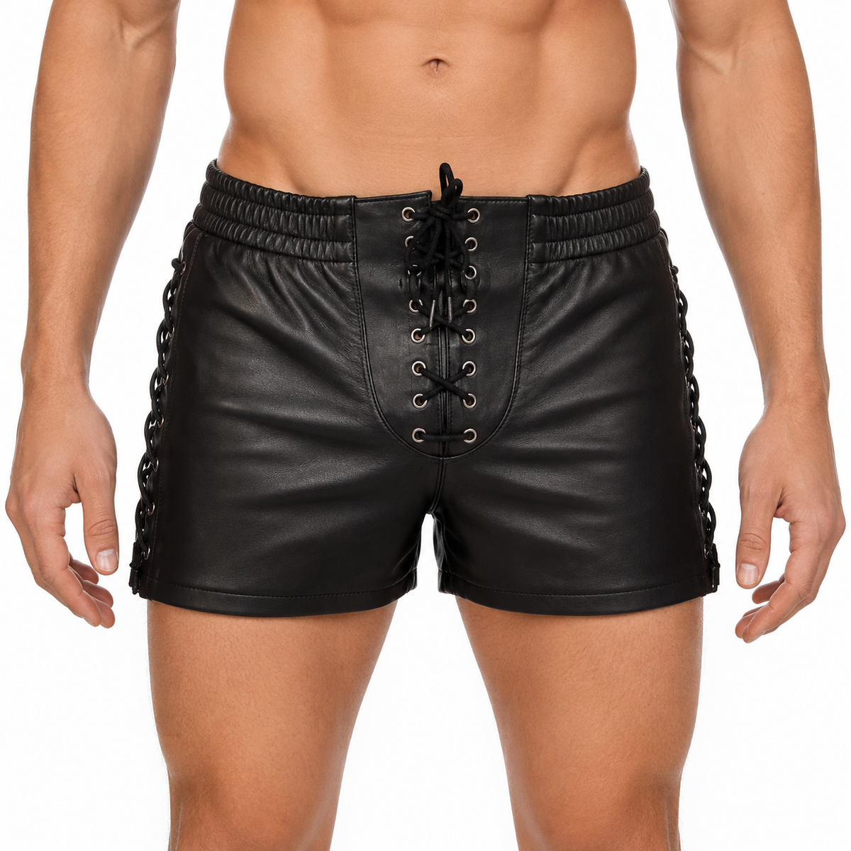 Black leather lace-up shorts with silver grommet front lacing, front view on model
