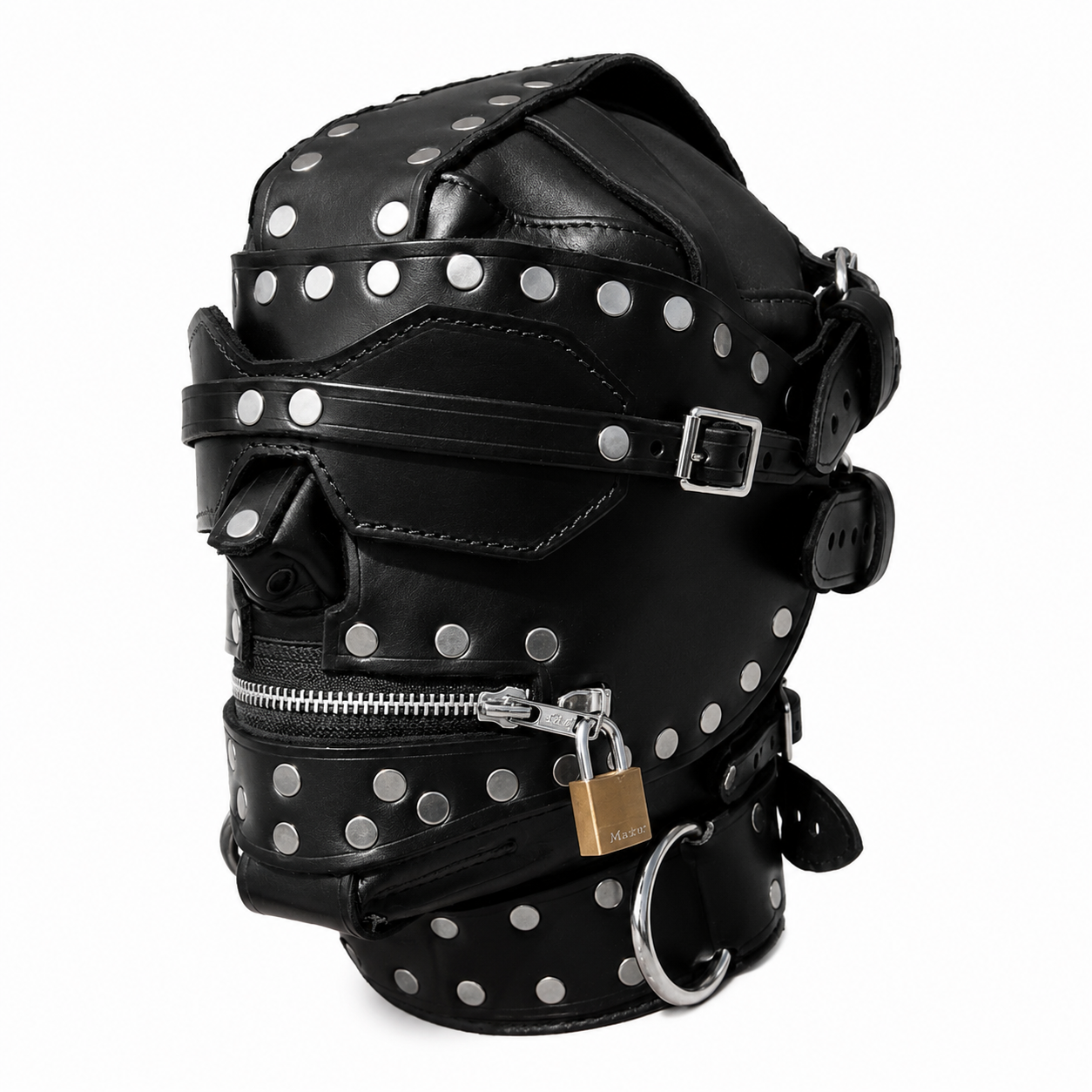 Black leather bondage hood mask with studs, zipper mouth, and locking buckle straps – front view