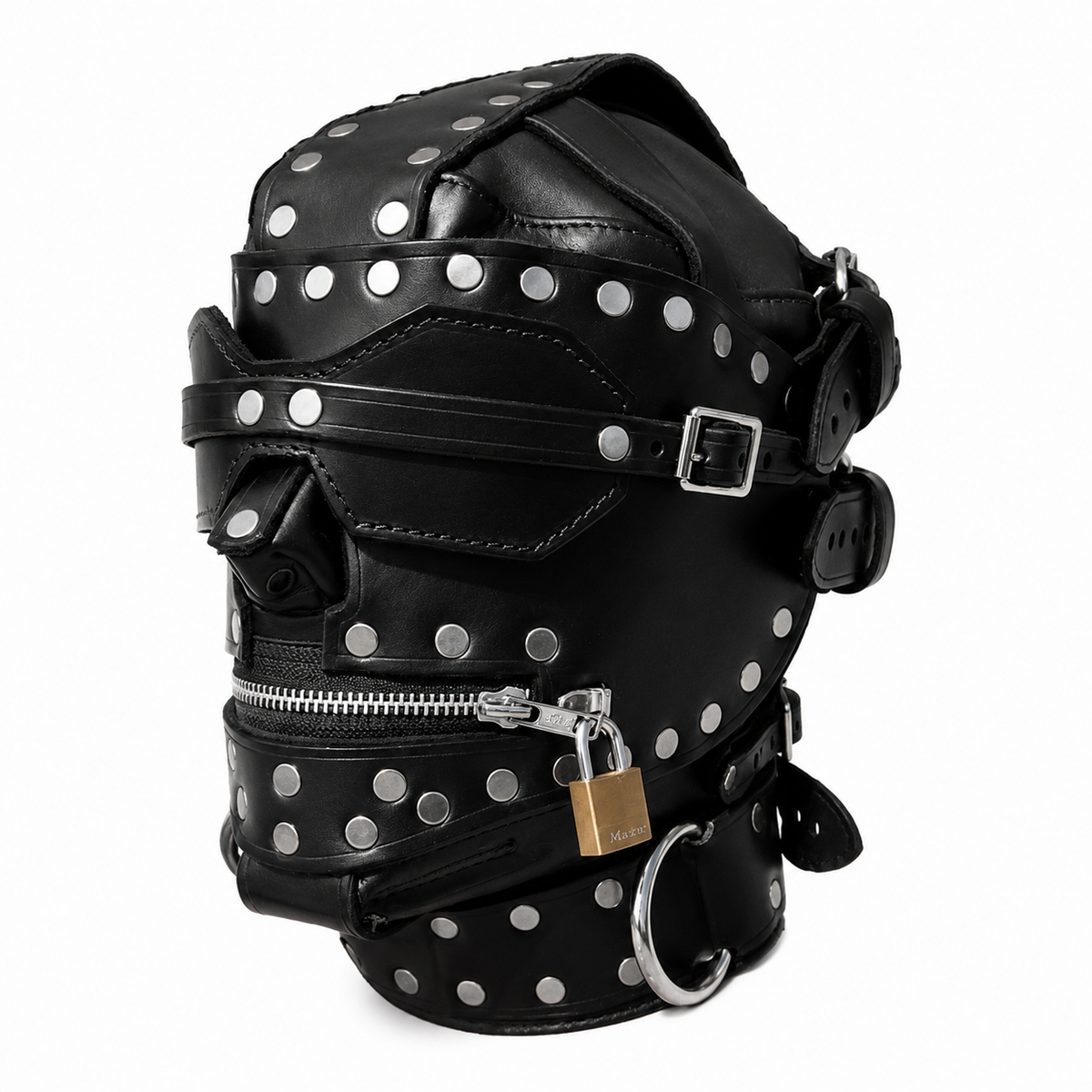 Black leather bondage hood mask with studs, zipper mouth, and locking buckle straps – front view