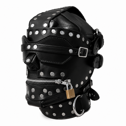 Black leather bondage hood mask with studs, zipper mouth, and locking buckle straps – front view