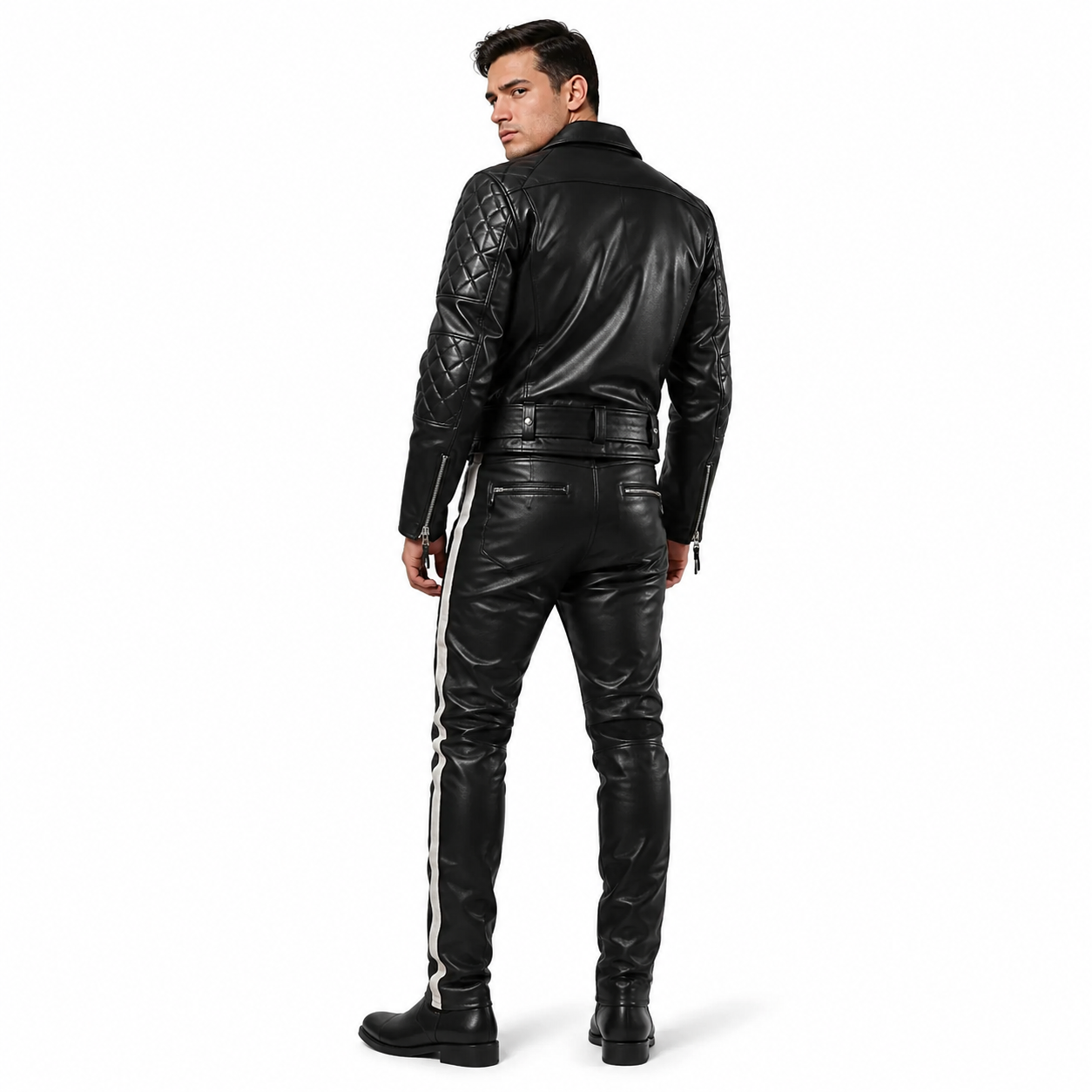Back view of black leather motorcycle jacket and pants showing seam and belt detail