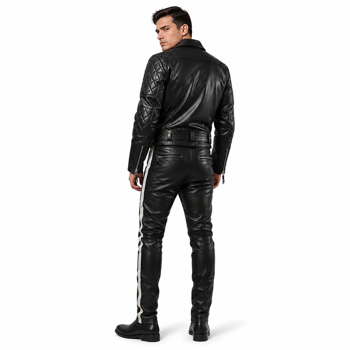 Back view of black leather motorcycle jacket and pants showing seam and belt detail