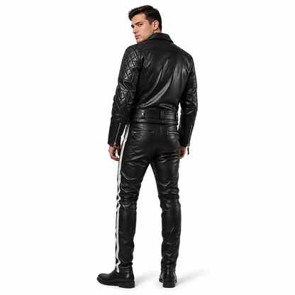 Back view of black leather motorcycle jacket and pants showing seam and belt detail