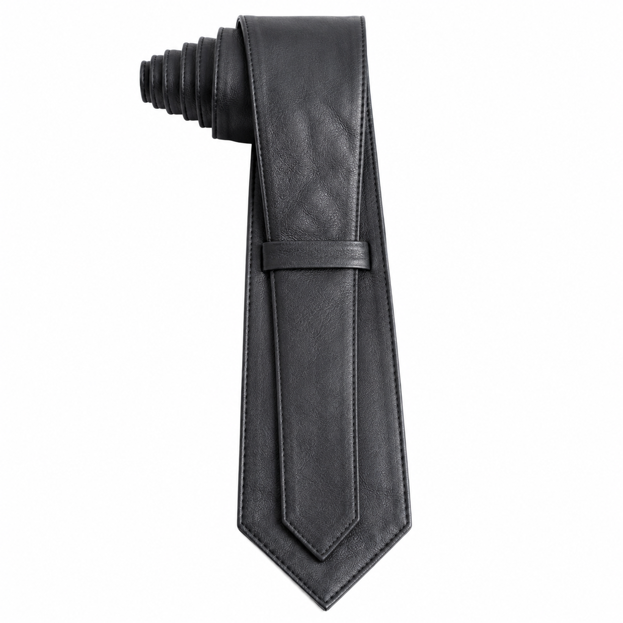 Back view of black leather necktie showing knot construction and stitching