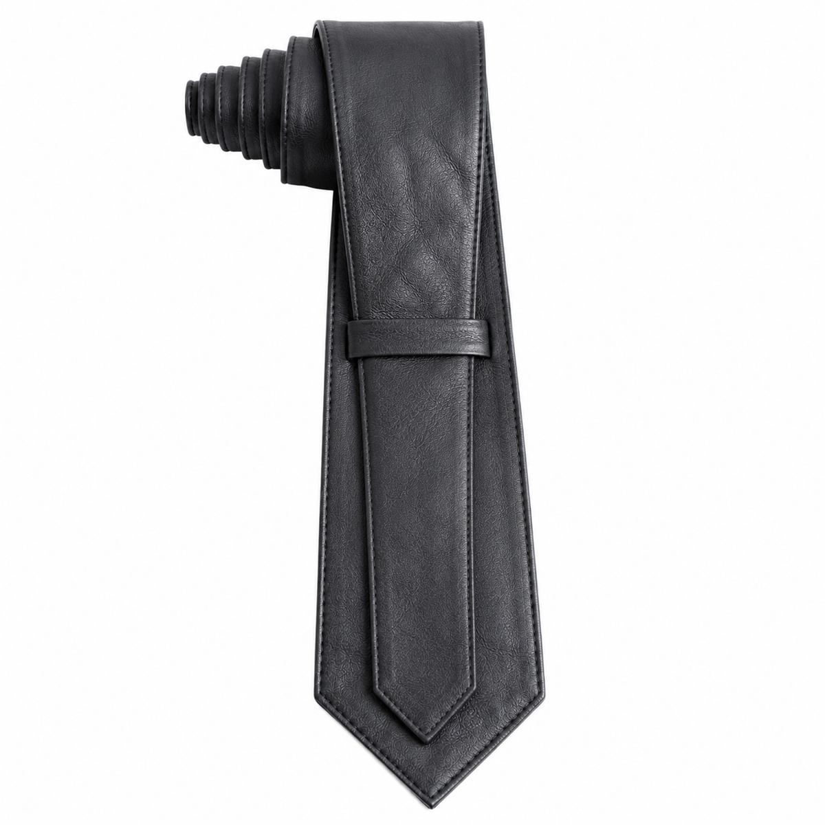 Back view of black leather necktie showing knot construction and stitching