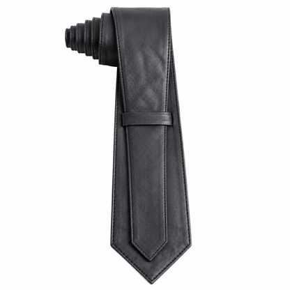 Back view of black leather necktie showing knot construction and stitching
