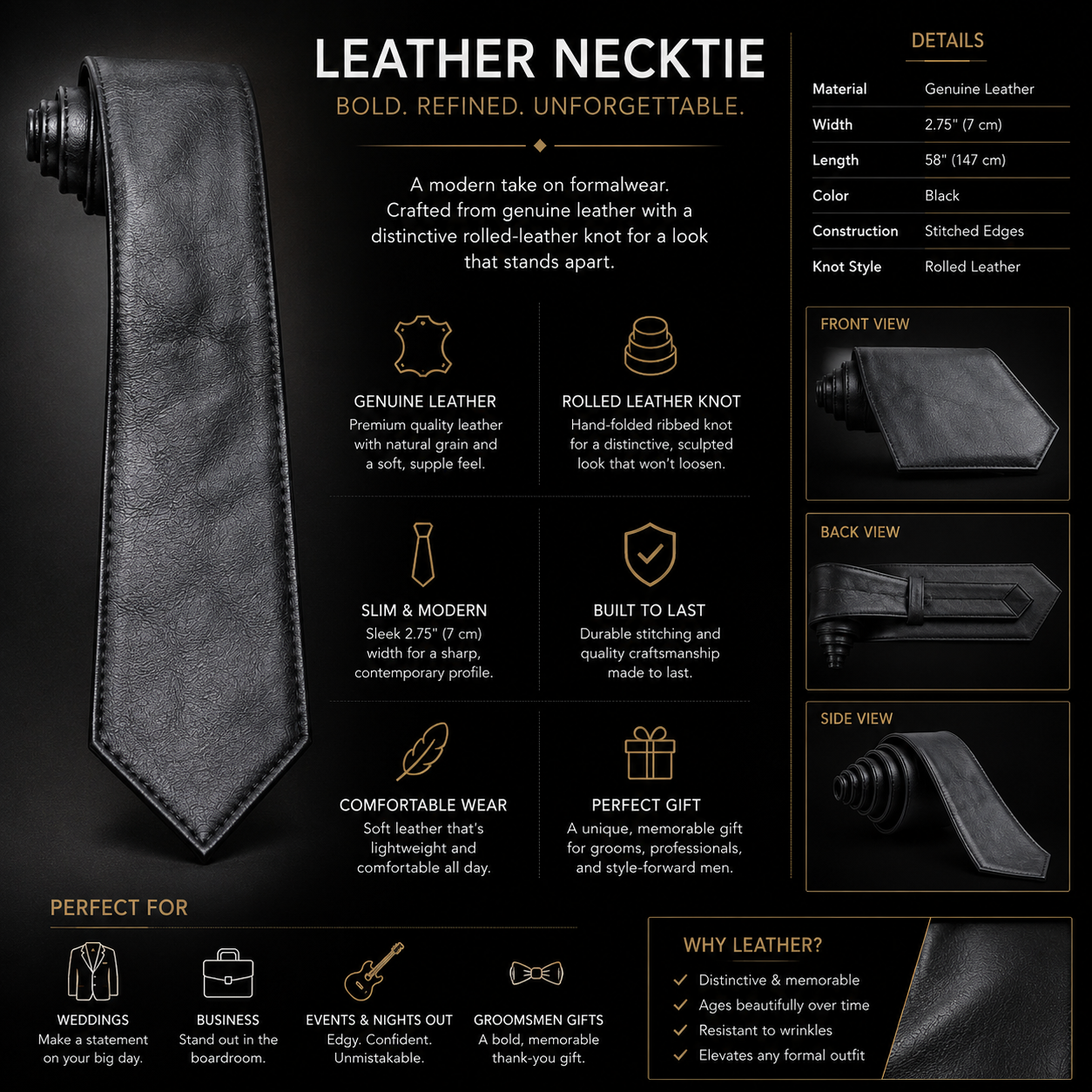 Infographic showing features of black leather necktie including ribbed knot and stitching