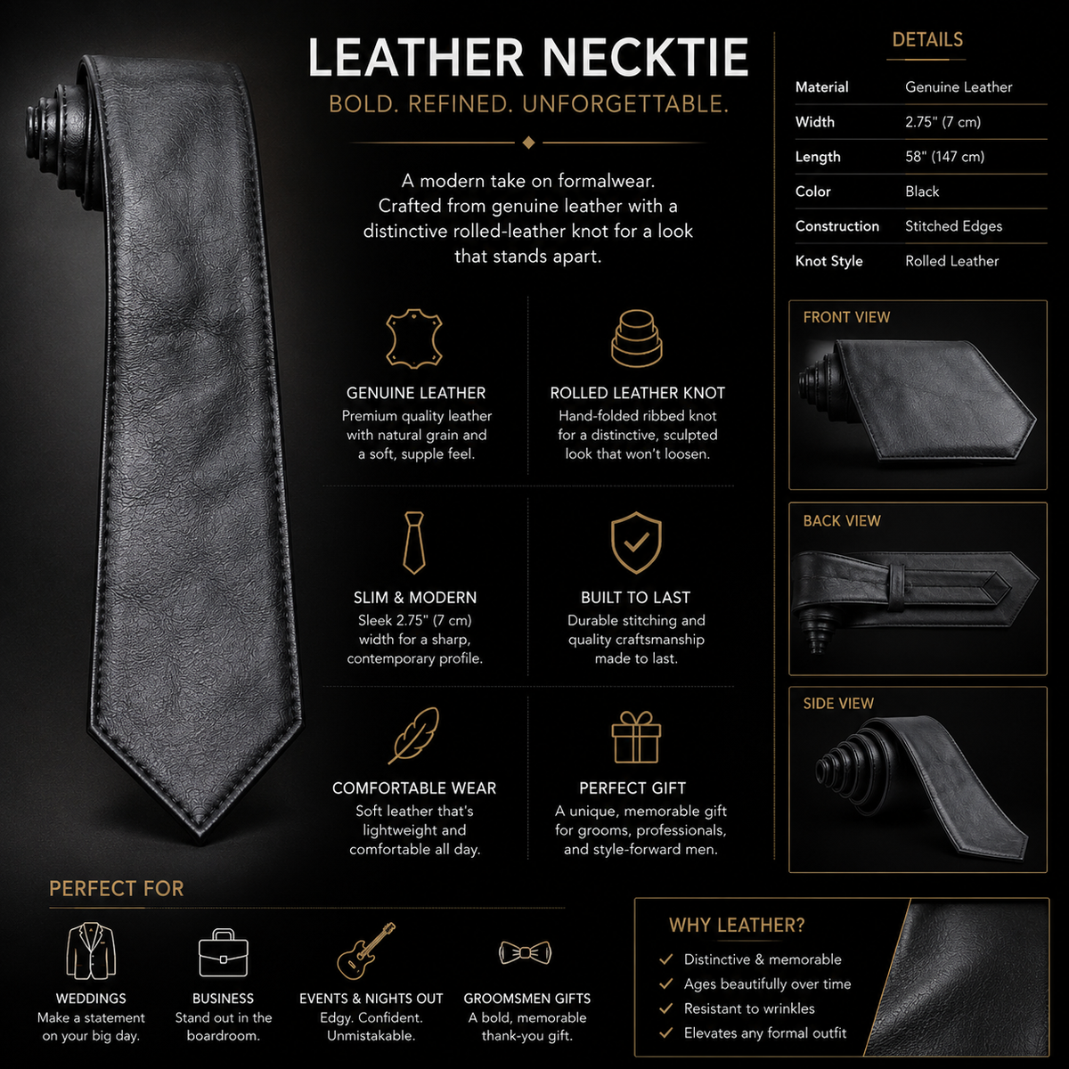 Infographic showing features of black leather necktie including ribbed knot and stitching