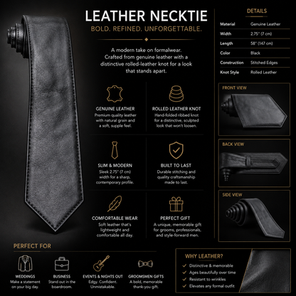 Infographic showing features of black leather necktie including ribbed knot and stitching