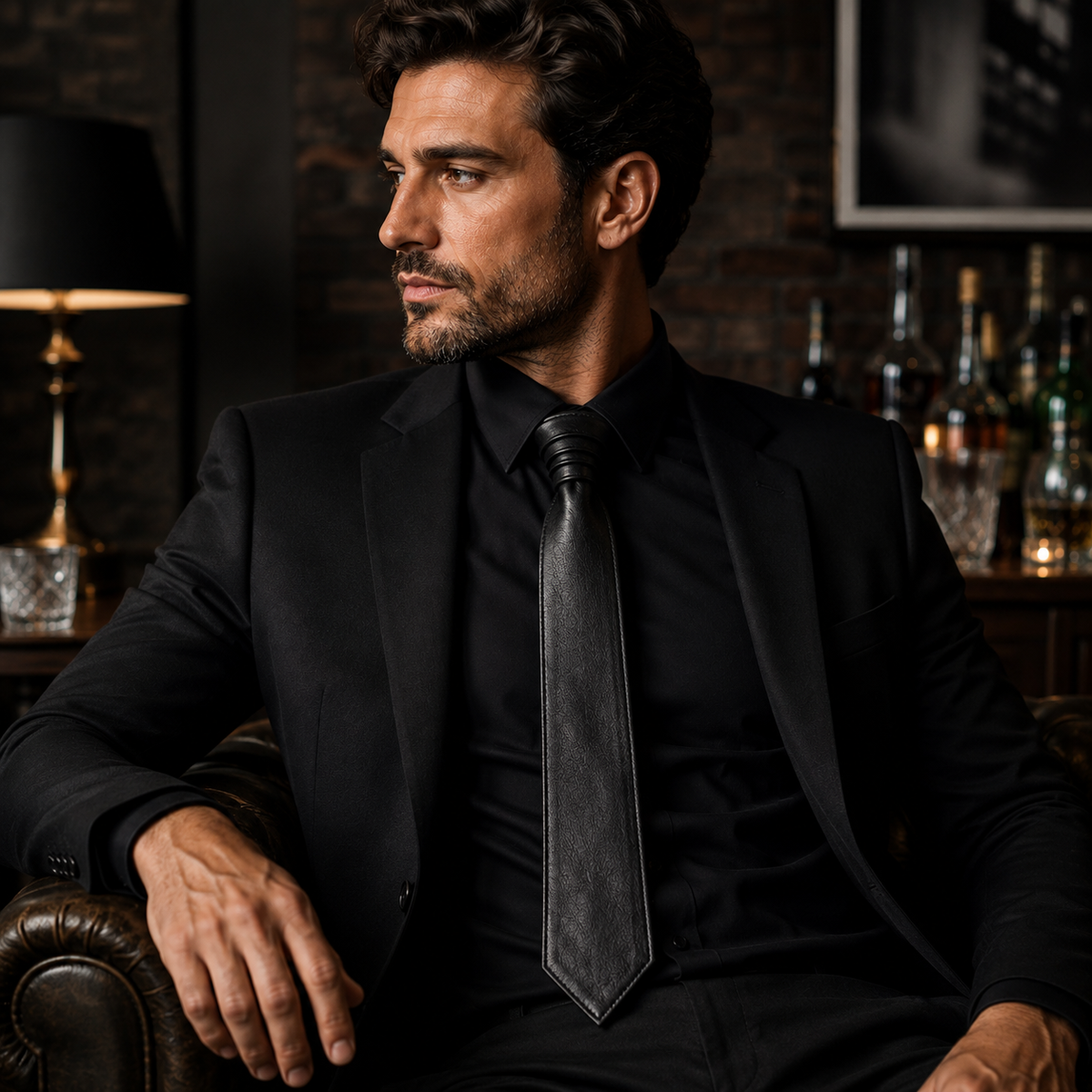 Man wearing loosened black leather necktie with leather jacket at night