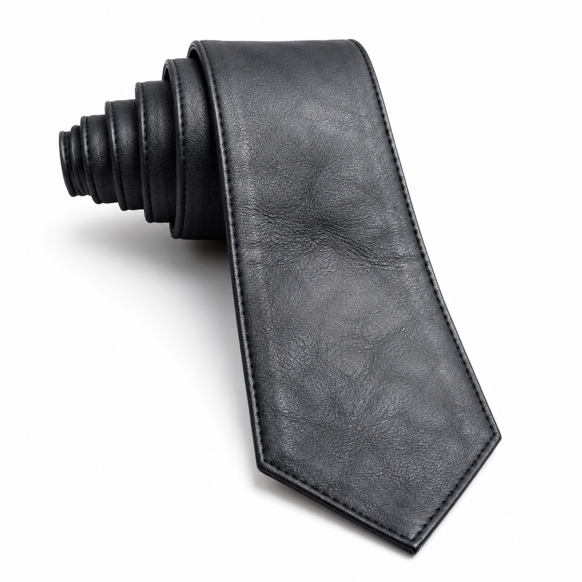 Black leather necktie with ribbed leather knot on white background, front view