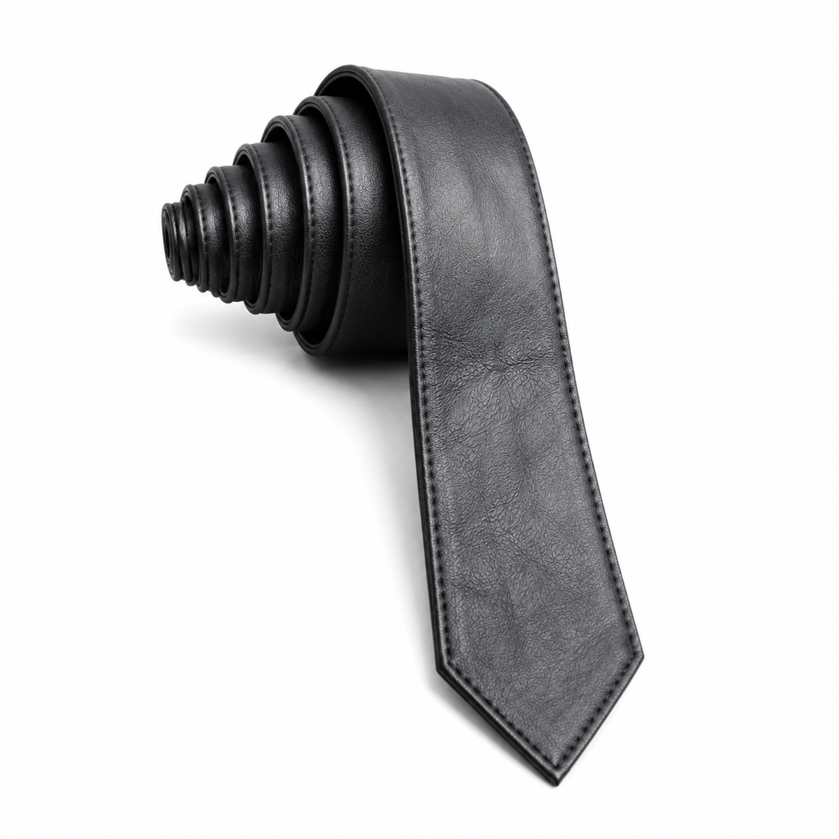 Close-up of genuine leather grain and stitching on black necktie