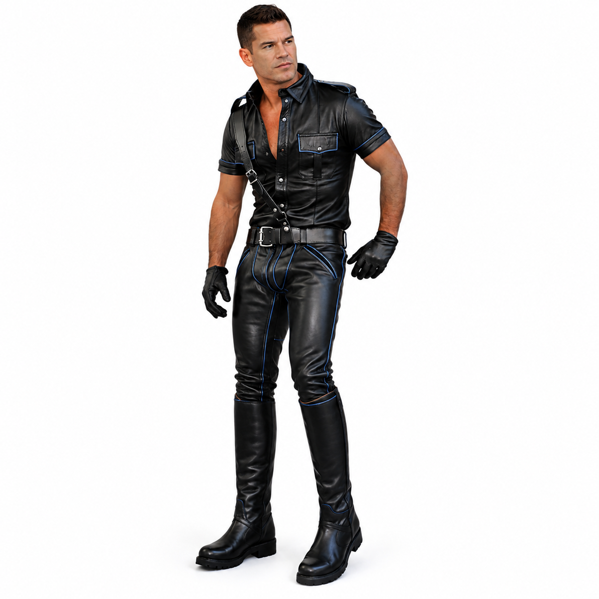 Man wearing black leather uniform shirt and chaps with blue stitching, harness, gloves, and boots on white background
