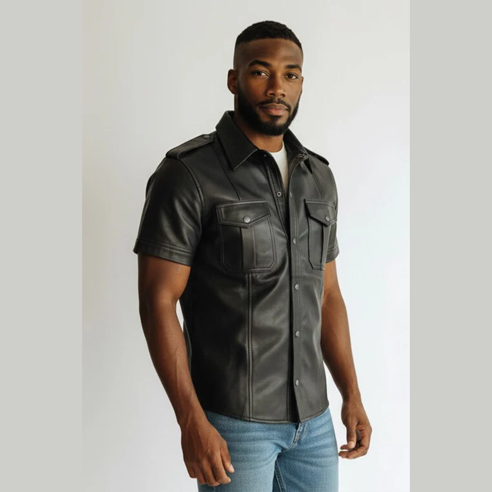 Men's Lamb Leather Police Shirt – Short Sleeves, Black Fetish Style