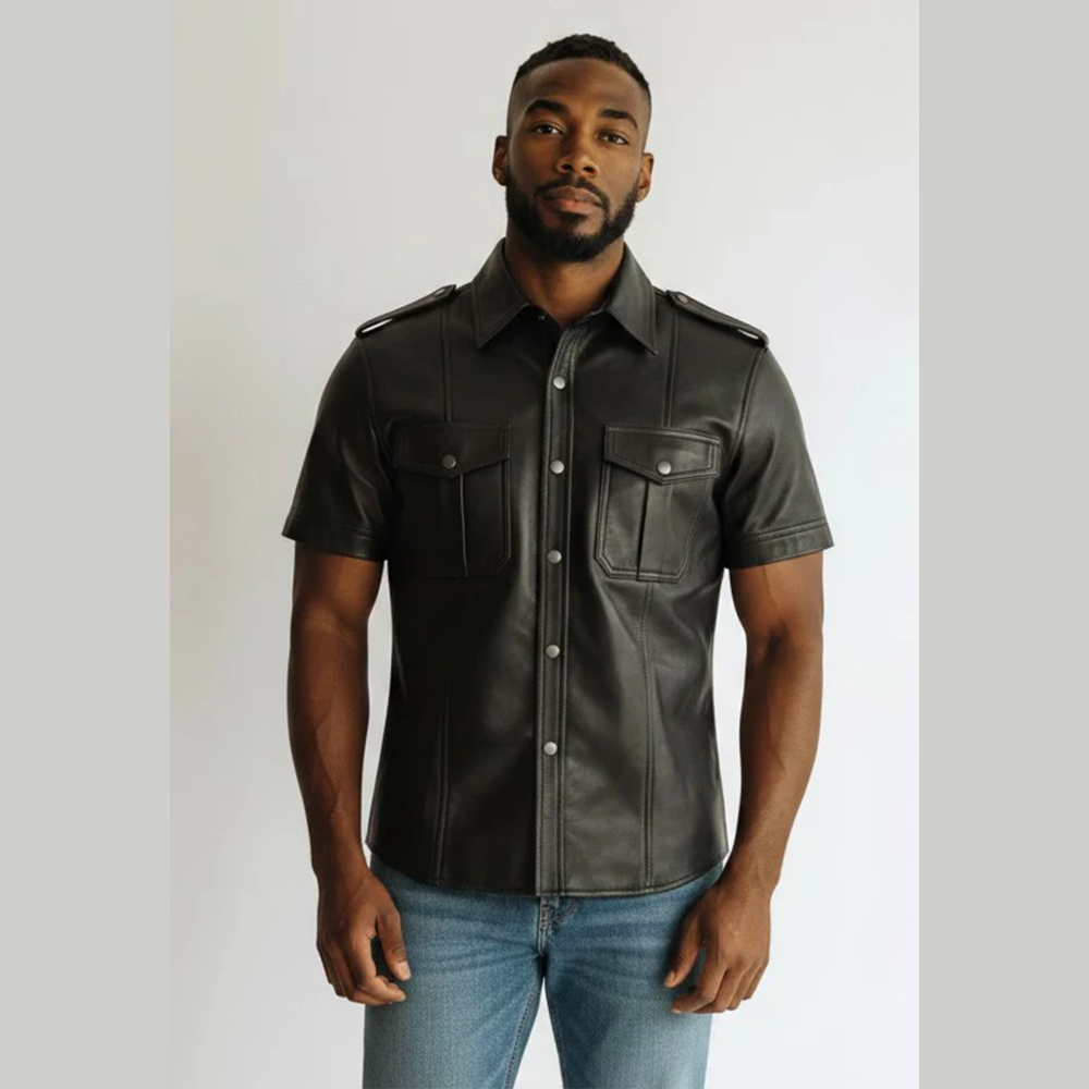 Men's Lamb Leather Police Shirt – Short Sleeves, Black Fetish Style