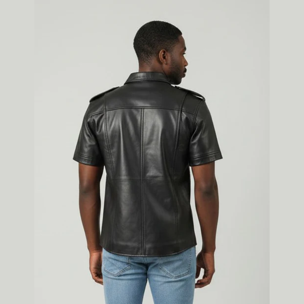 Men's Lamb Leather Police Shirt – Short Sleeves, Black Fetish Style
