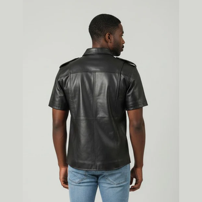 Men's Lamb Leather Police Shirt – Short Sleeves, Black Fetish Style
