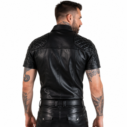 Back view of black quilted leather uniform shirt showing seam and shoulder detail