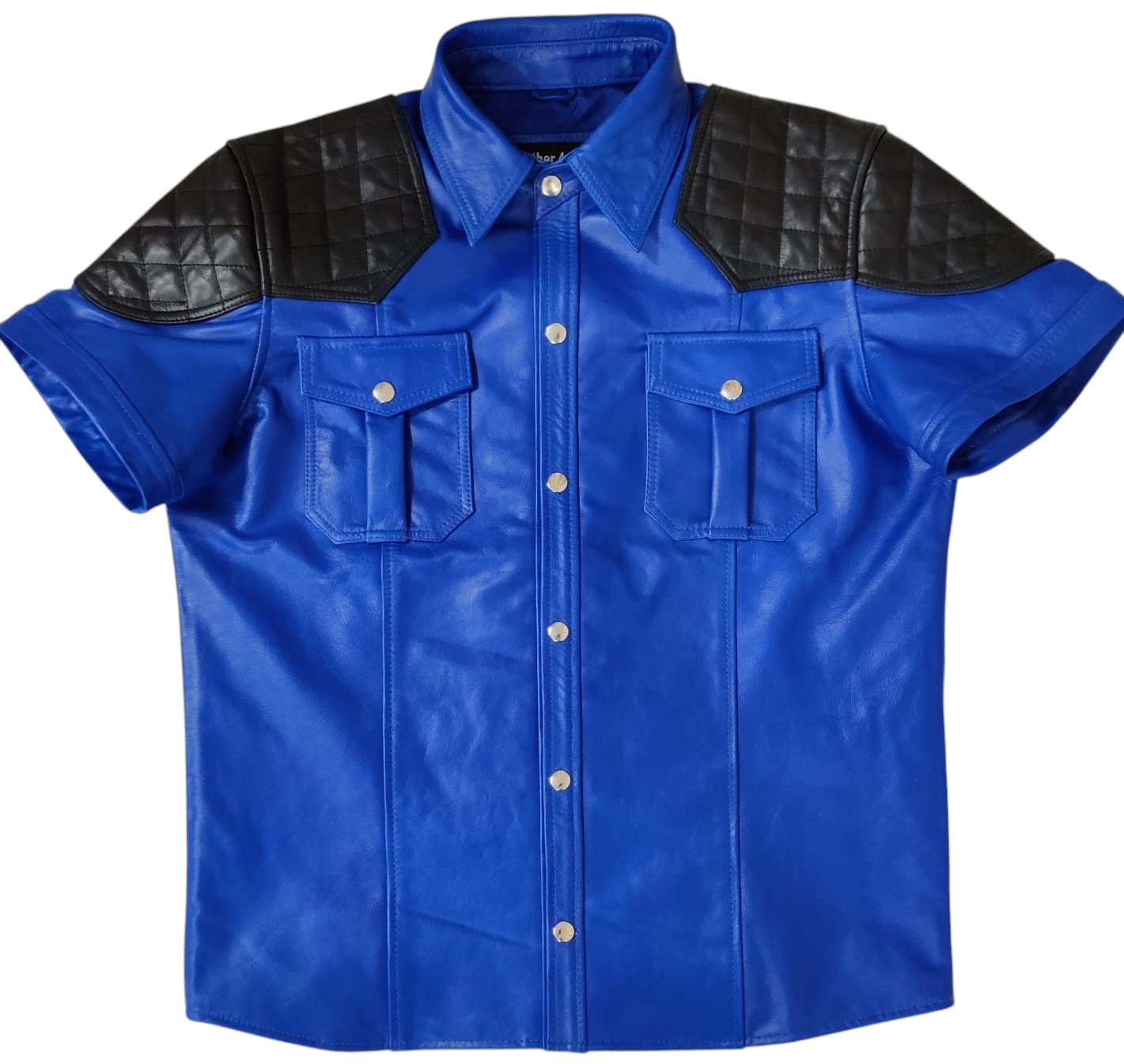 Men’s Black & Royal Blue Leather Police Shirt – Lambskin Gay Fetish Top