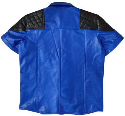 Men’s Black & Royal Blue Leather Police Shirt – Lambskin Gay Fetish Top