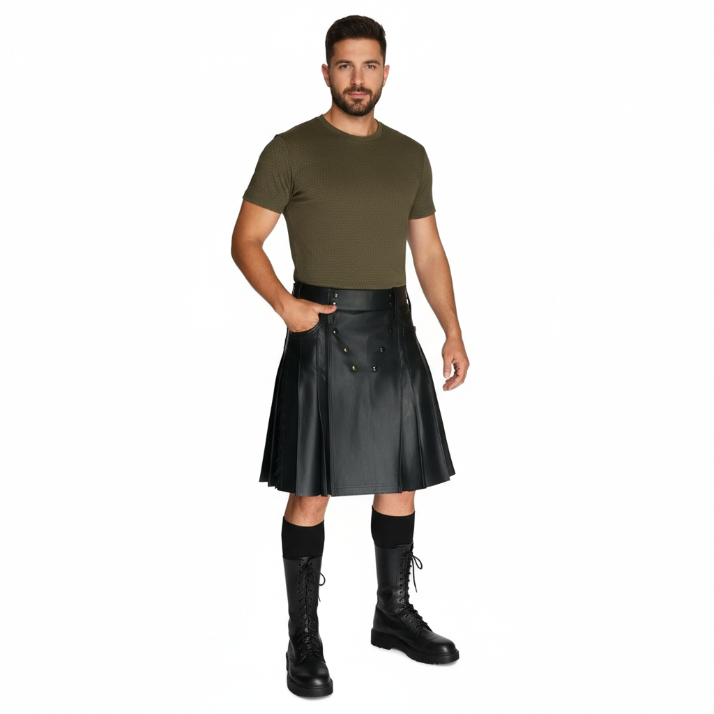 Men’s Black Cowhide Leather Kilt – Adjustable Clubwear Skirt
