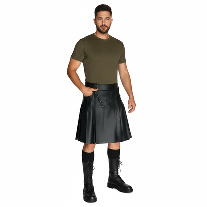 Men’s Black Cowhide Leather Kilt – Adjustable Clubwear Skirt