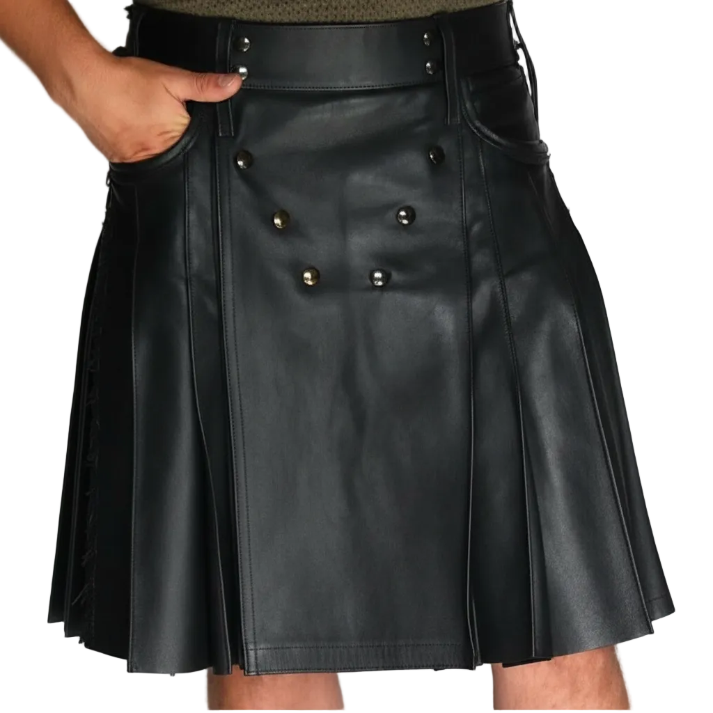 Men’s Black Cowhide Leather Kilt – Adjustable Clubwear Skirt