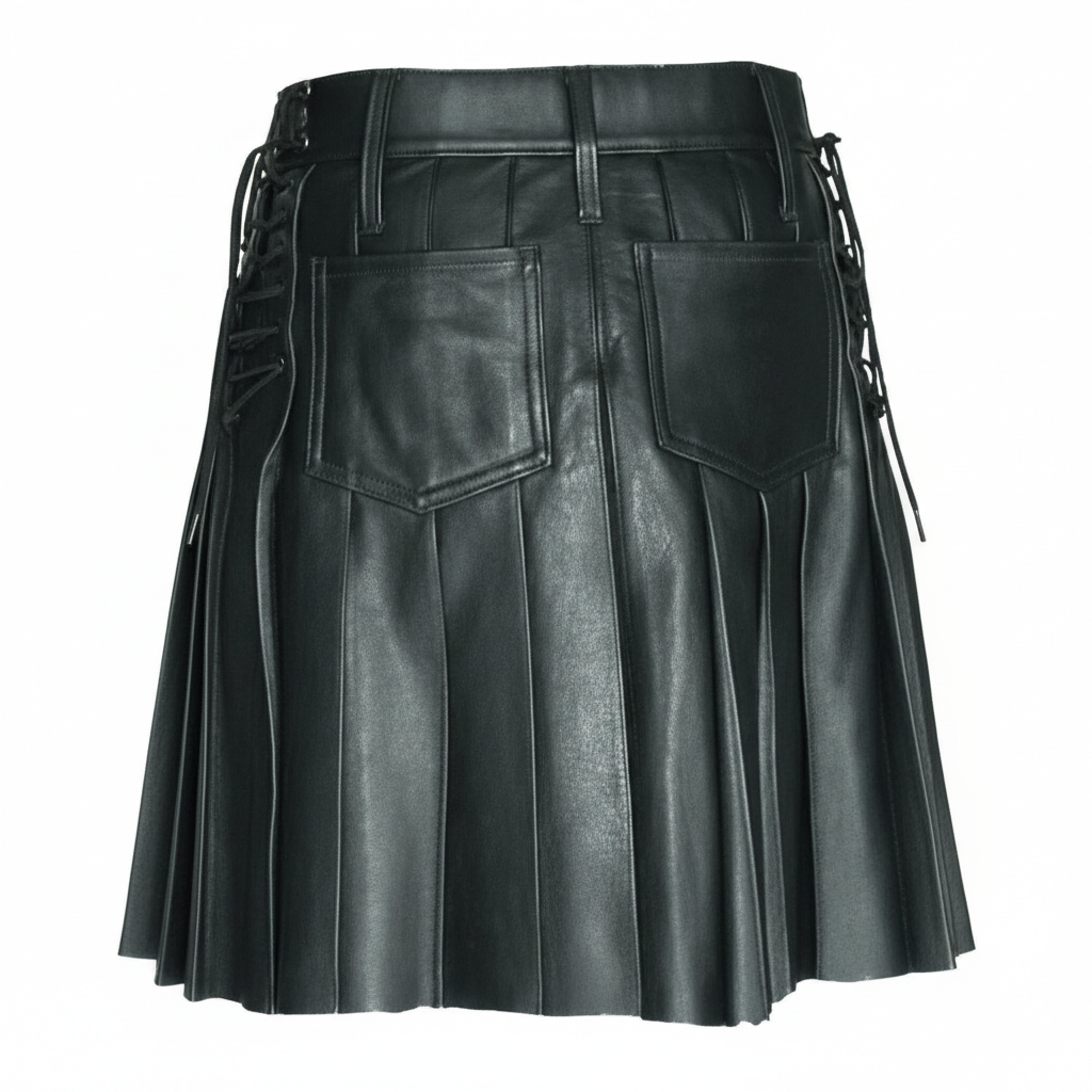 Men’s Black Cowhide Leather Kilt – Adjustable Clubwear Skirt
