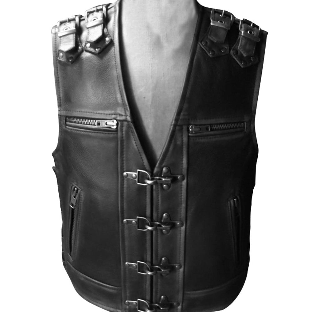 Black leather vest with metal buckles and zippers on a white background