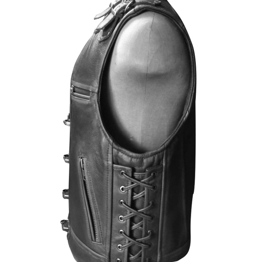 Black leather vest on a mannequin with detailed stitching and zippers.