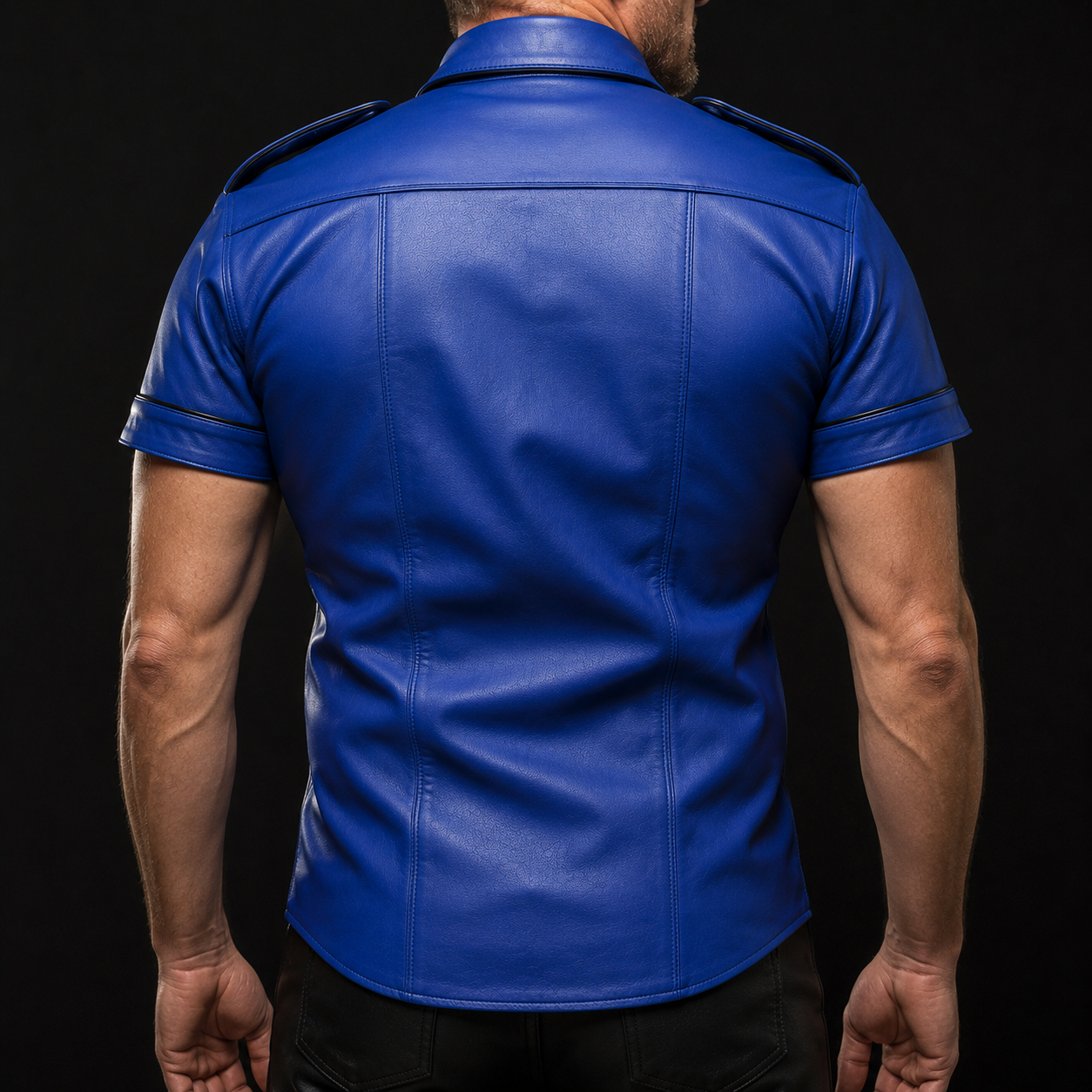 Men’s Blue Lamb Leather Shirt – Short Sleeves with Black Piping