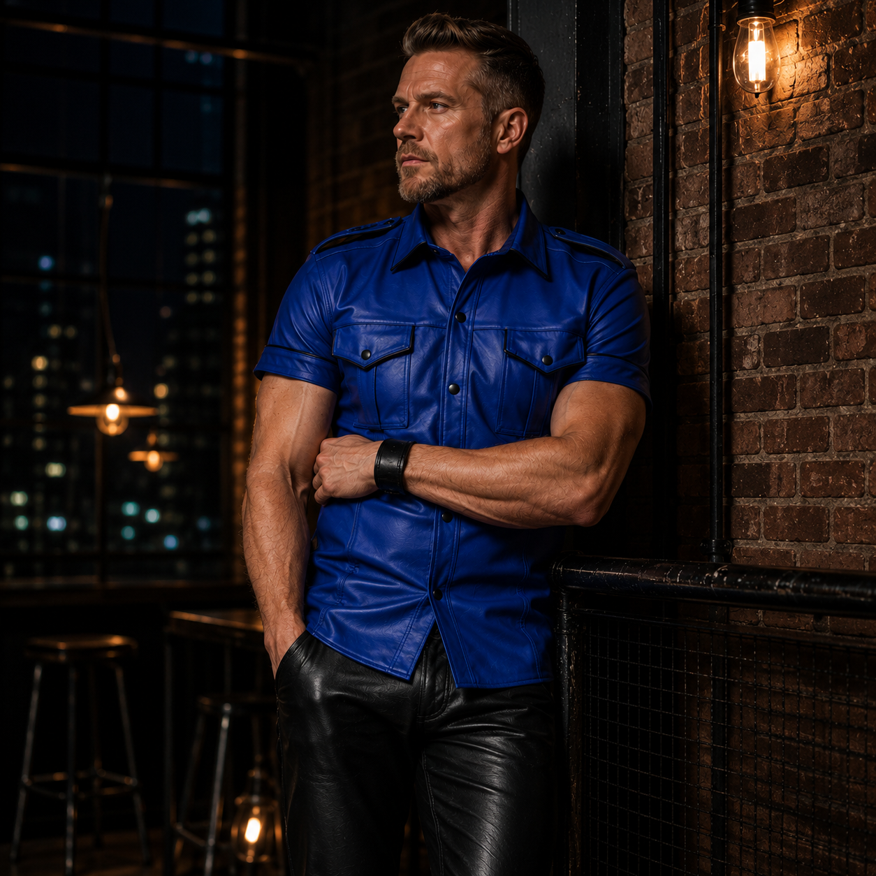 Men’s Blue Lamb Leather Shirt – Short Sleeves with Black Piping