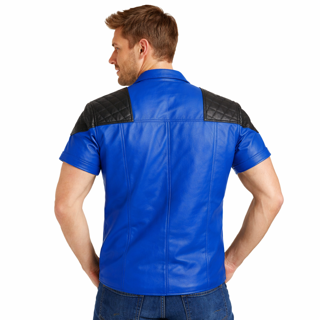Men’s Black & Royal Blue Leather Police Shirt – Lambskin Gay Fetish Top