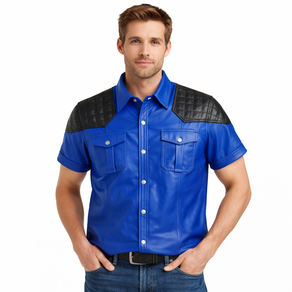 Men’s Black & Royal Blue Leather Police Shirt – Lambskin Gay Fetish Top