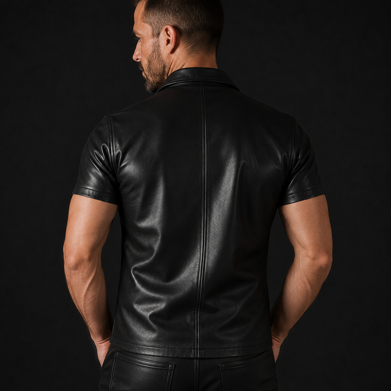 Men’s Real Leather Short Sleeve Zip-Up Shirt – Clubwear Style