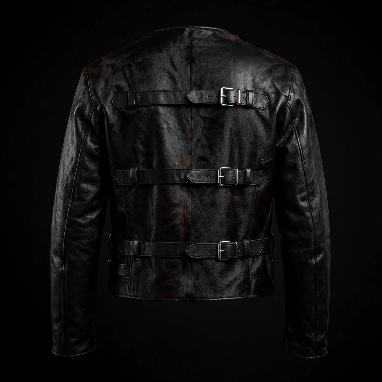Women's leather bolero straitjacket back view, three adjustable buckle straps, dark studio