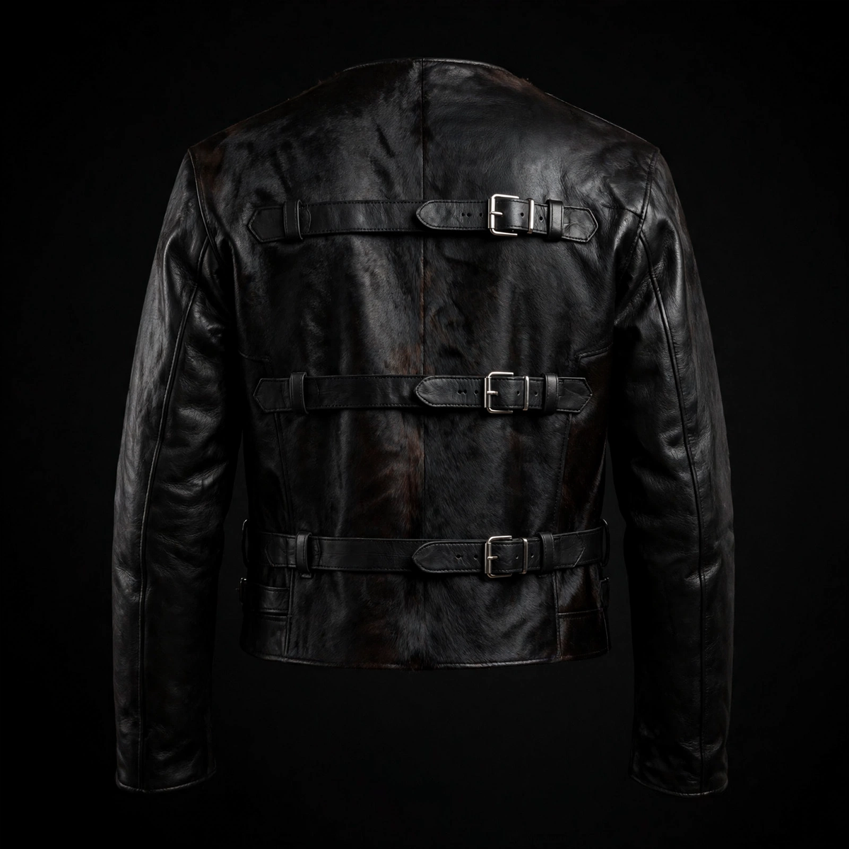 Women's leather bolero straitjacket back view, three adjustable buckle straps, dark studio
