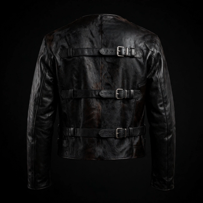 Women's leather bolero straitjacket back view, three adjustable buckle straps, dark studio