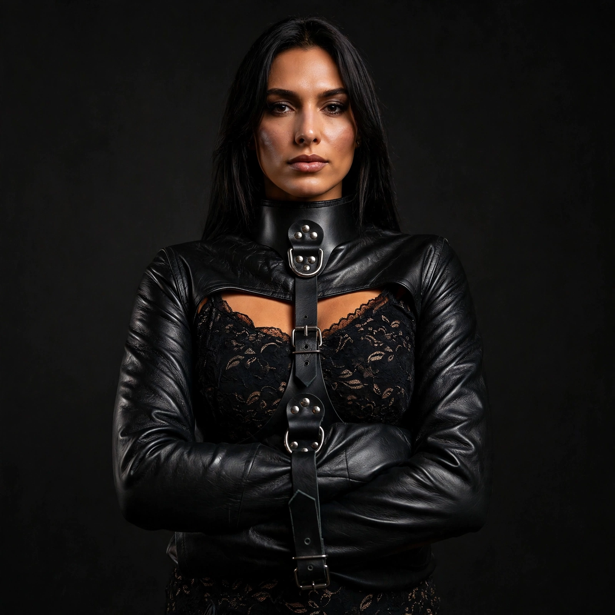 Women's leather bolero straitjacket front view, collar belt, metal D-rings and buckles, dark studio