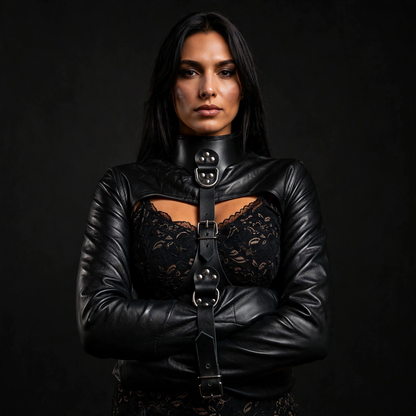 Women's leather bolero straitjacket front view, collar belt, metal D-rings and buckles, dark studio