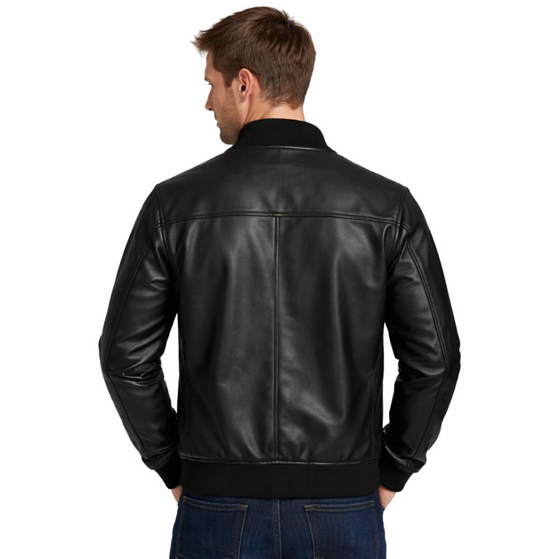 Men’s Lamb Leather Bomber Jacket – White Stripe Sleeve, Stretch Fit