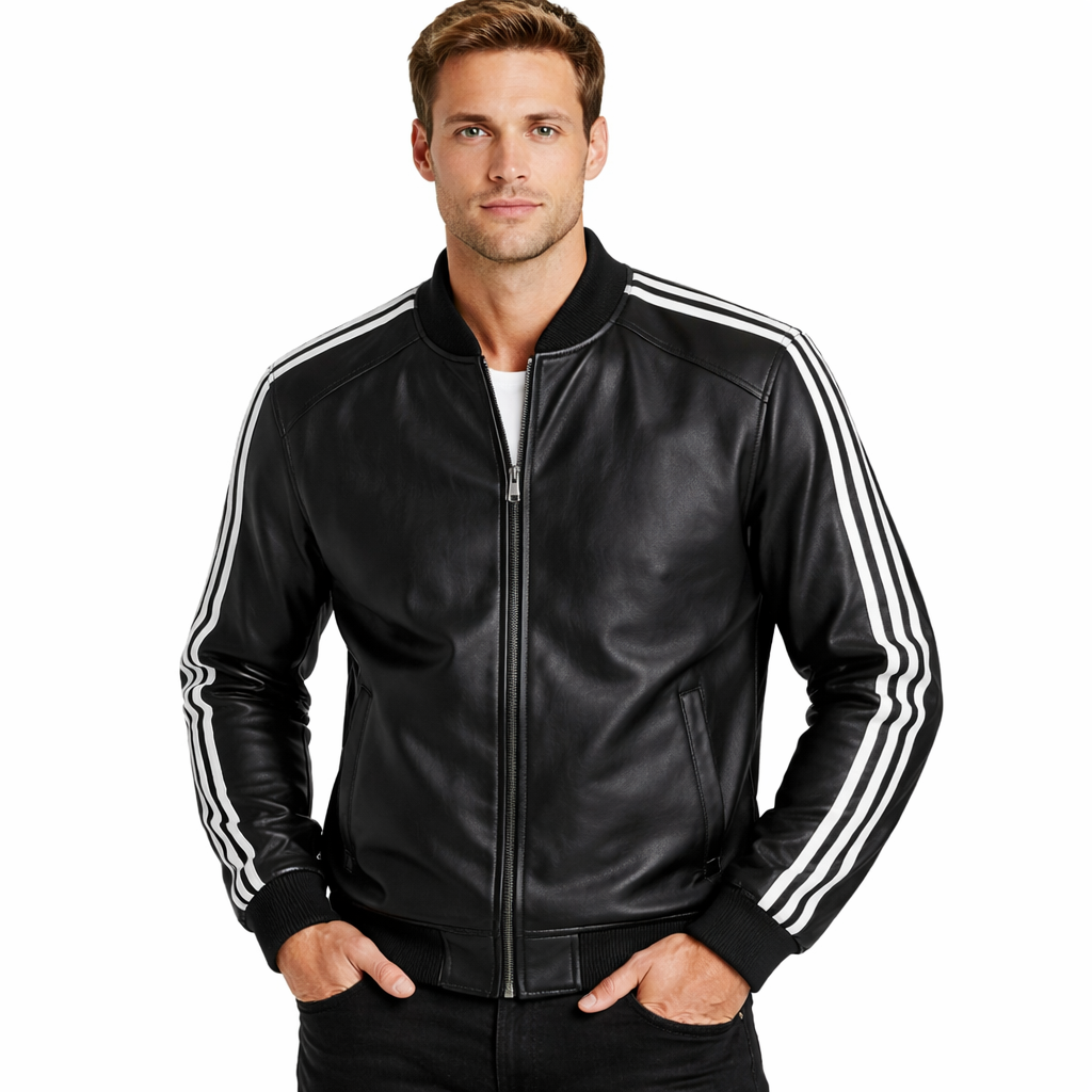 Men’s Lamb Leather Bomber Jacket – White Stripe Sleeve, Stretch Fit
