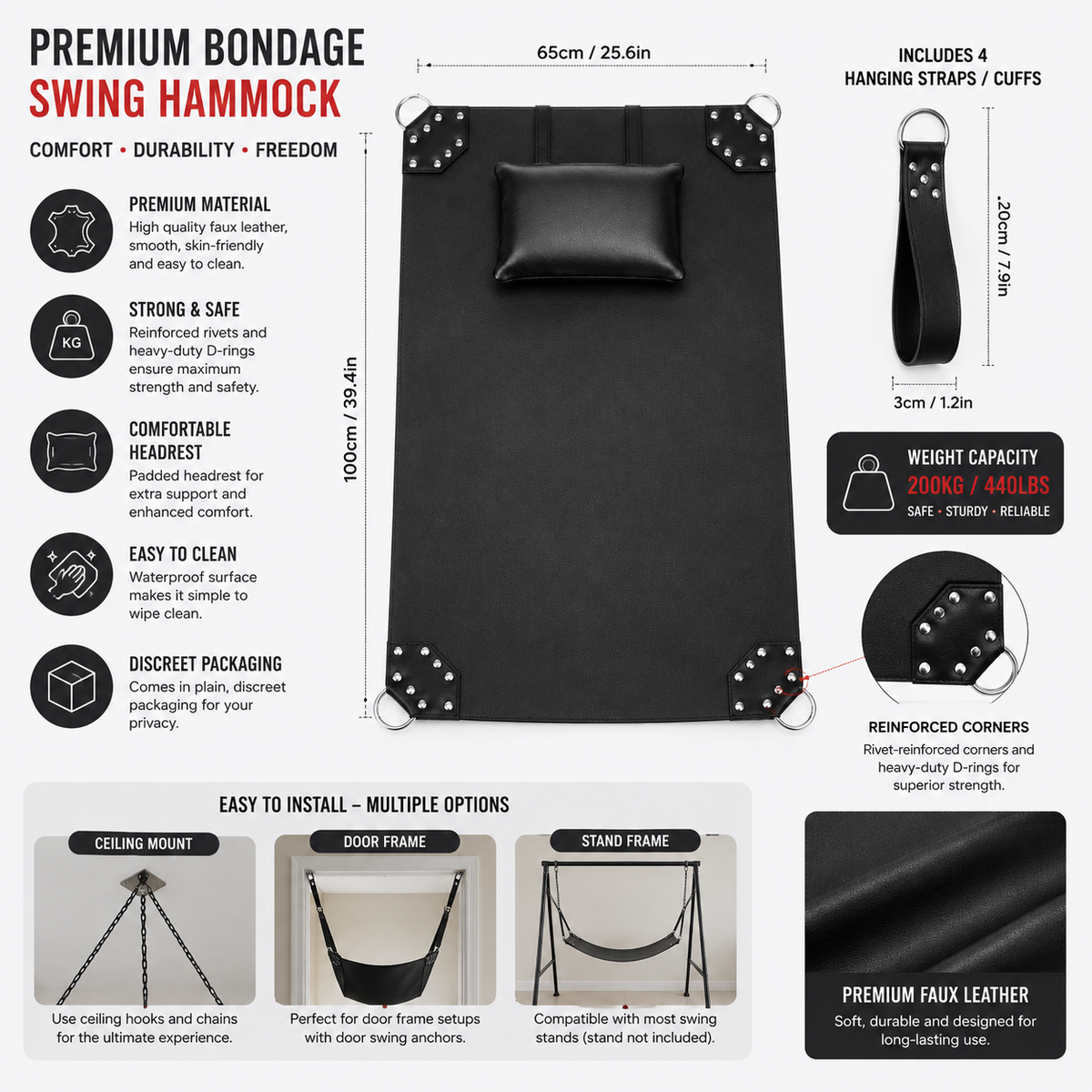 Infographic showing features of black leather bondage swing including D-ring straps, padded headrest, and adjustable straps"