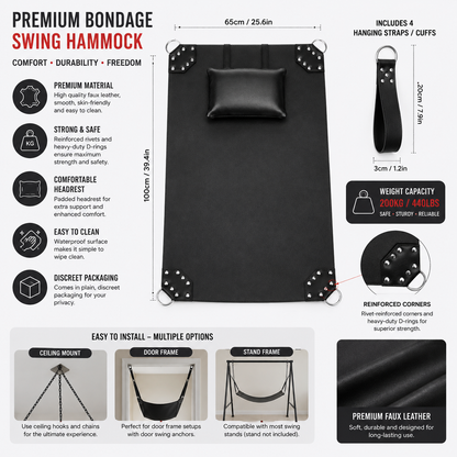 Infographic showing features of black leather bondage swing including D-ring straps, padded headrest, and adjustable straps"