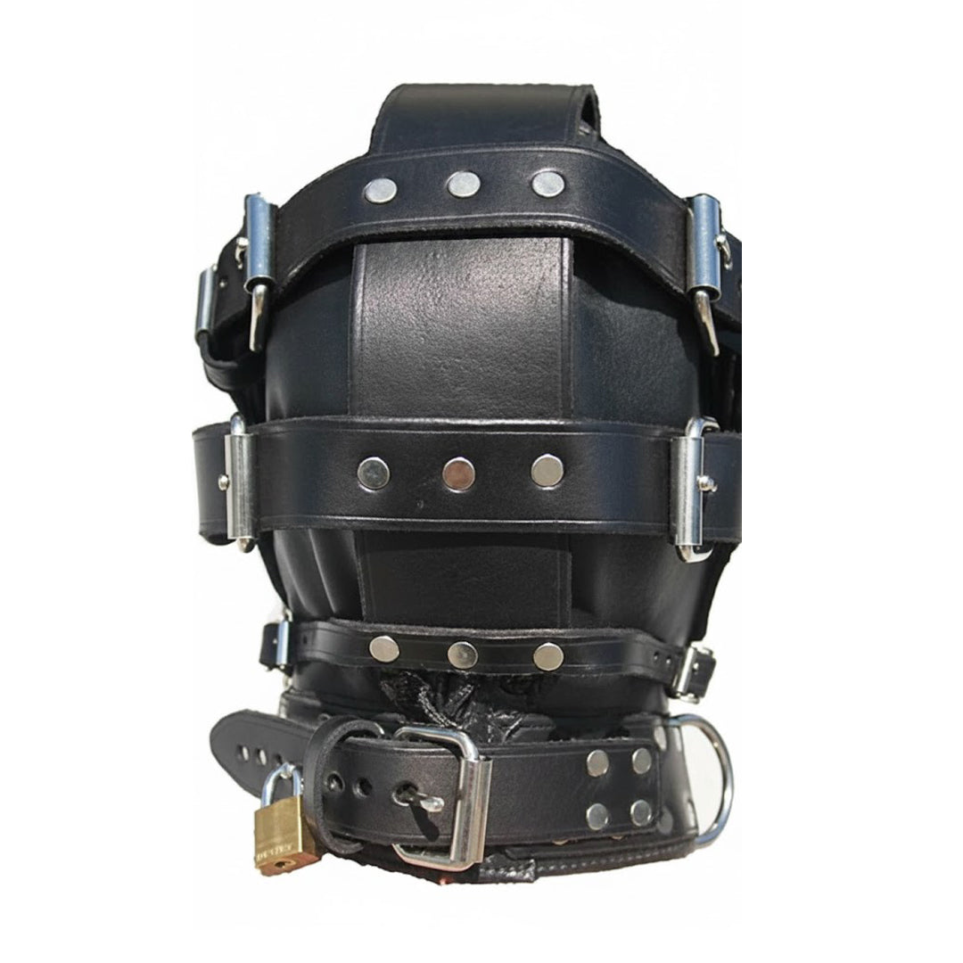 Full-Enclosure Leather Hood with Locking Mouth Zip & Removable Blindfold