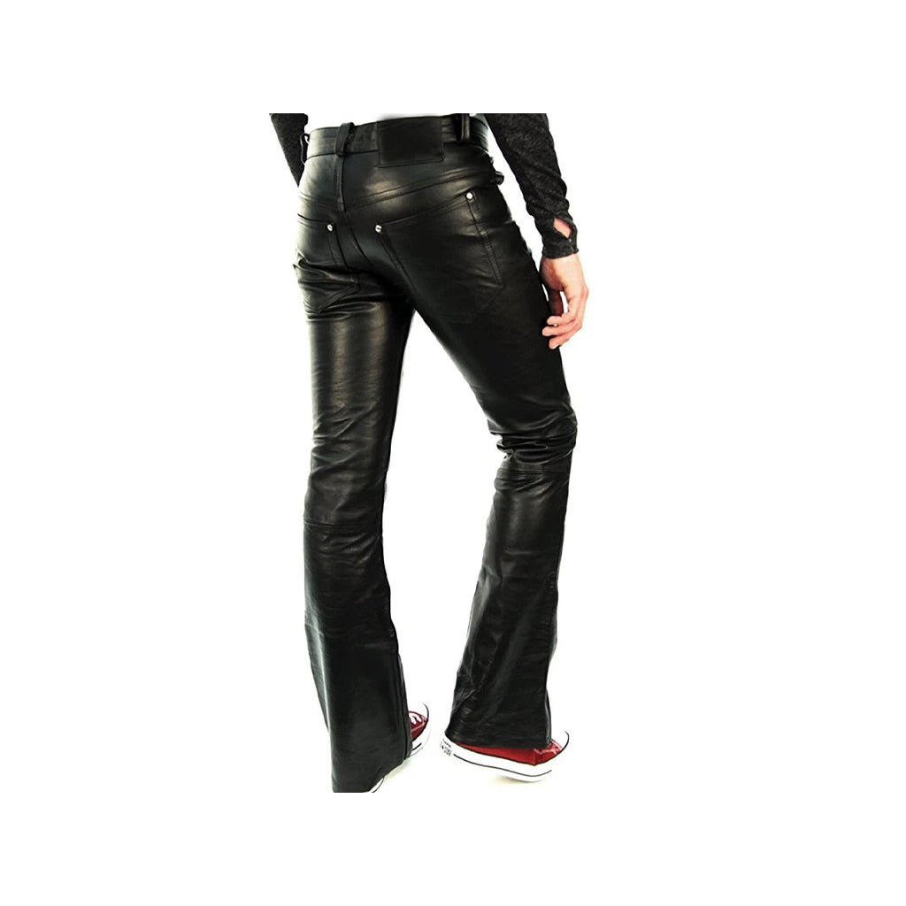 Men's Cowhide Leather Bootcut Biker Pants with 5 Pockets