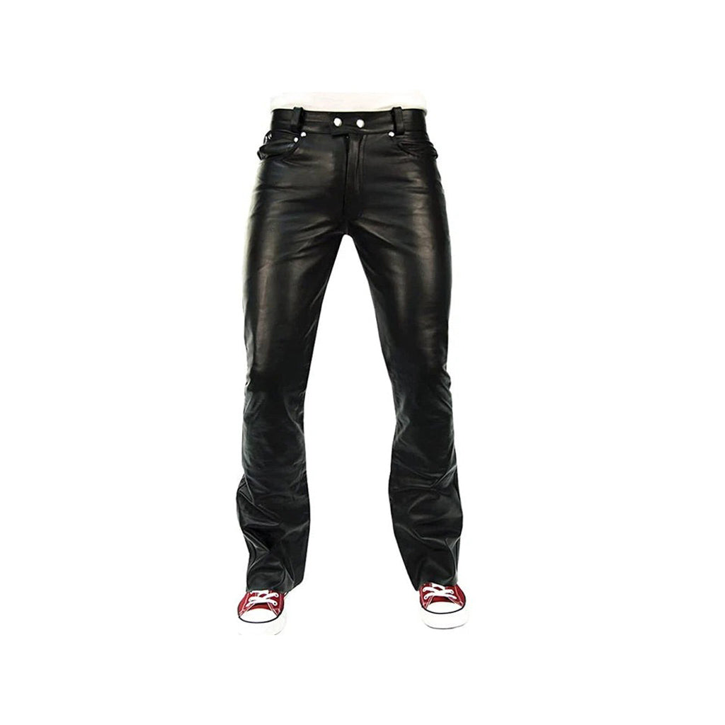 Men's Cowhide Leather Bootcut Biker Pants with 5 Pockets