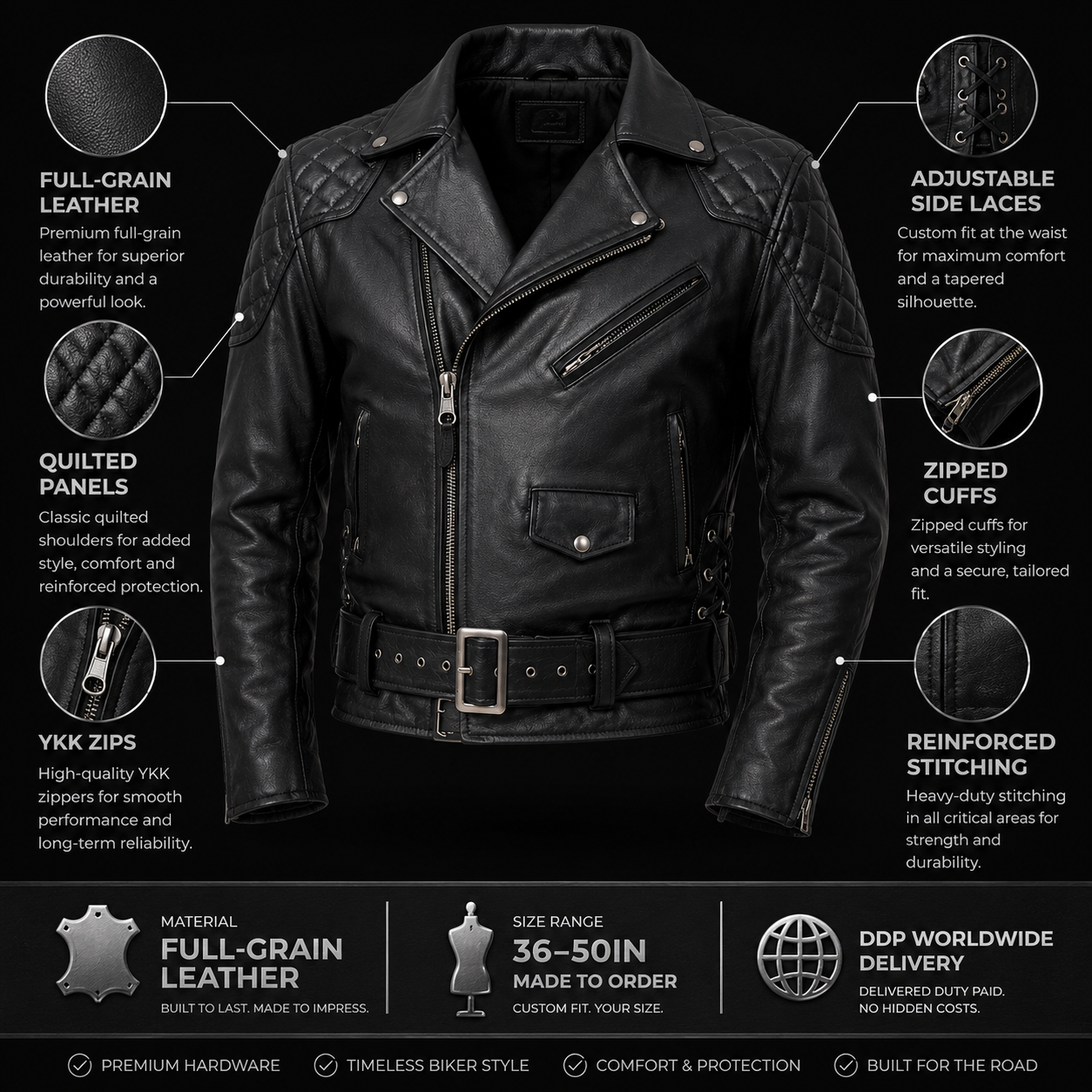 Men’s Brando Leather Biker Jacket with Quilted Panels & Side Laces