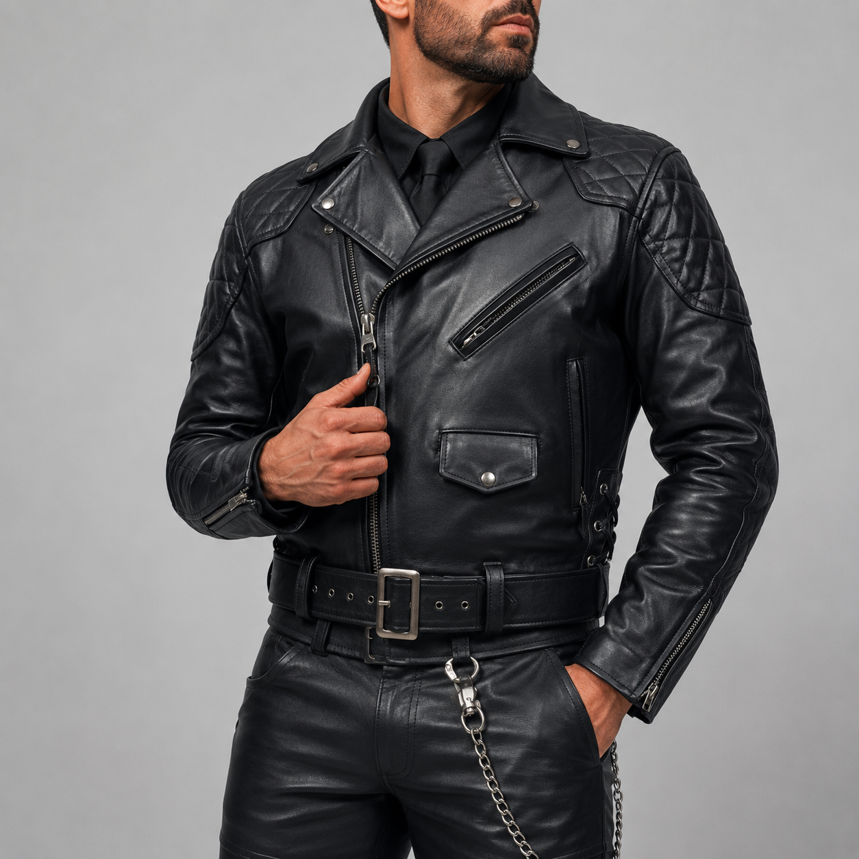 Men’s Brando Leather Biker Jacket with Quilted Panels & Side Laces