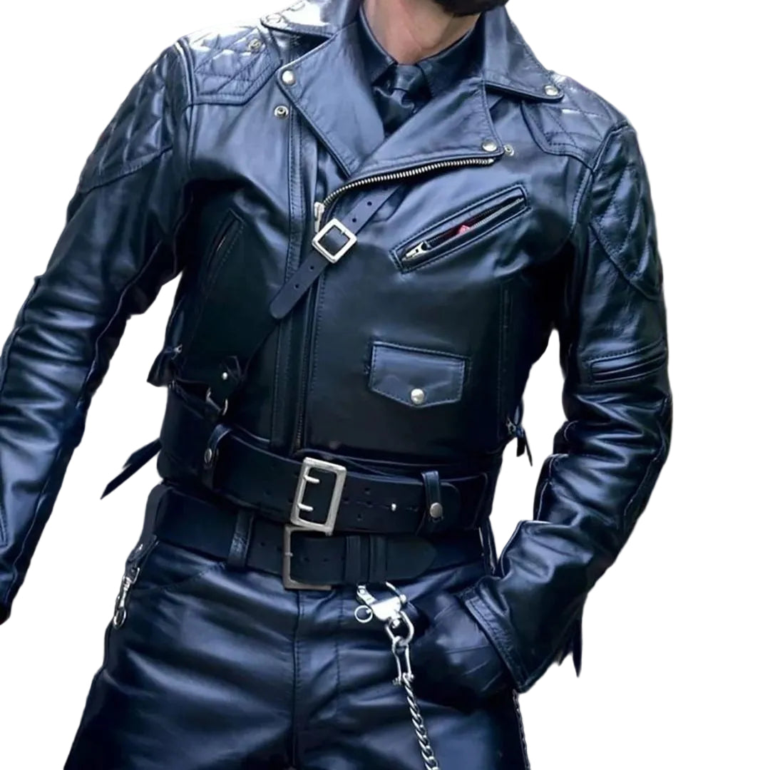 Men’s Brando Leather Biker Jacket with Quilted Panels & Side Laces